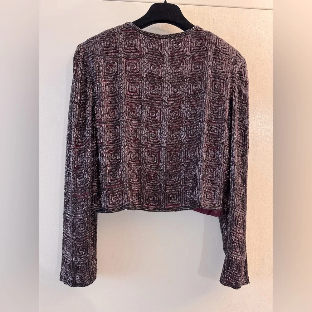 Adrianna PAPELL BOUTIQUE EVENING BEADED & SILK STUNNING JACKET Burgundy Small